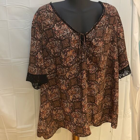 Size 26/28 Venezia Jeans short ruffle sleeve v-neck floral print brown tunic top - Picture 5 of 16